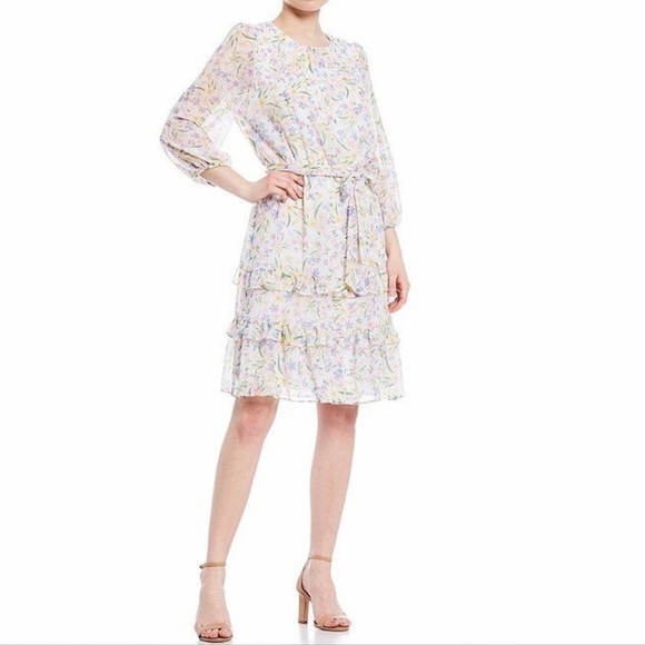 NWT Calvin Klein Printed Ruffle Long Sleeve Tie Waist Mini Dress - Picture 2 of 6